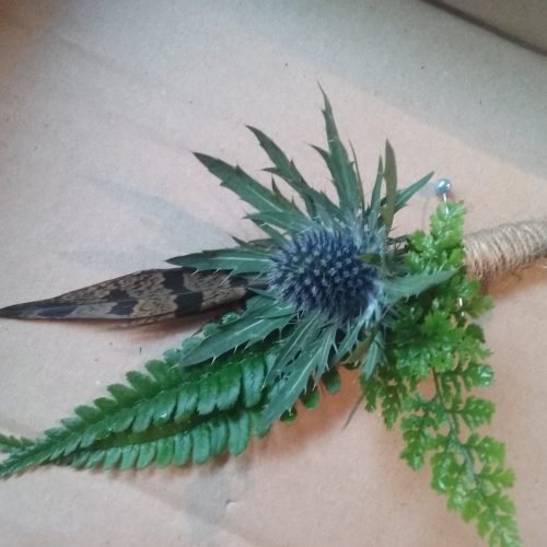 thistle, fern & pheasant feather buttonhole